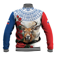 Back view baseball jacket with deer and red rose artwork, striped ribbed hem and cuffs