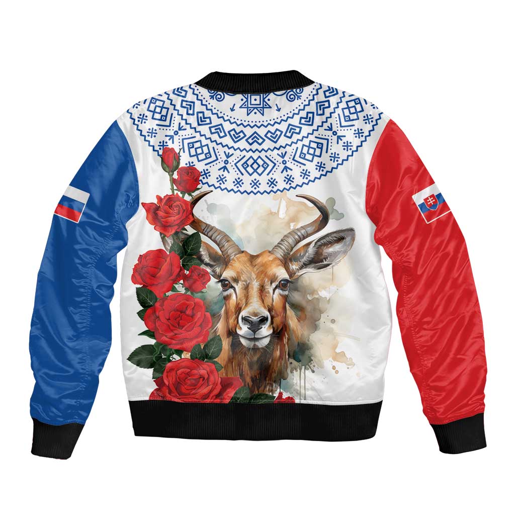 White bomber jacket with red and blue sleeves, black rib trim, roses and animal graphic on back