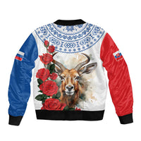 White bomber jacket with red and blue sleeves, black rib trim, roses and animal graphic on back