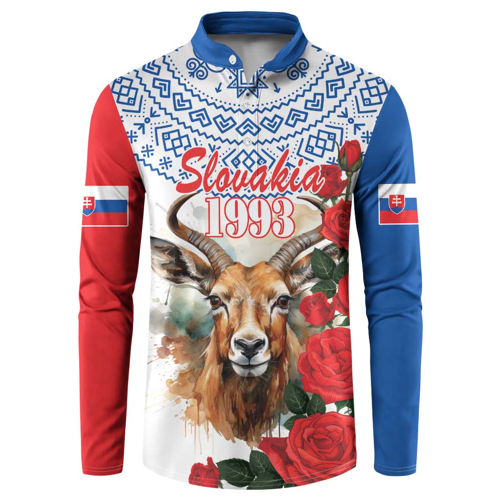 White button sweatshirt with blue/red sleeves, deer graphic and red roses artwork