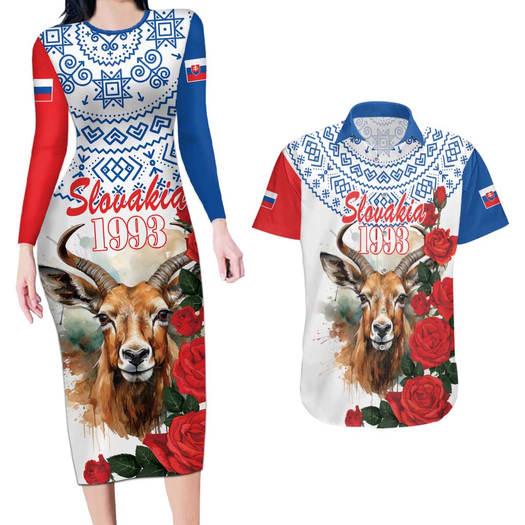 Slovakia Restoration Day 1993 Couples Matching Long Sleeve Bodycon Dress and Hawaiian Shirt Tatra Chamois With Red Rose - Wonder Print Shop