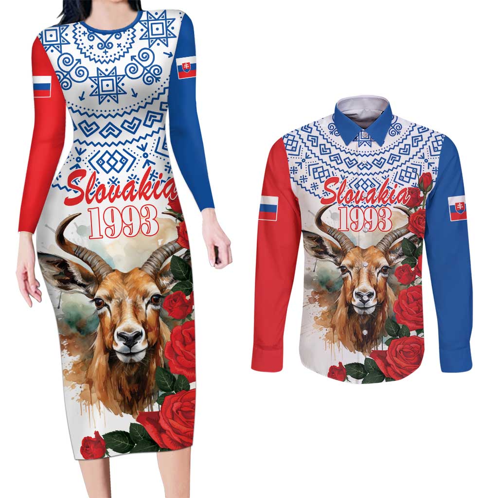 Slovakia Restoration Day 1993 Couples Matching Long Sleeve Bodycon Dress and Long Sleeve Button Shirt Tatra Chamois With Red Rose - Wonder Print Shop