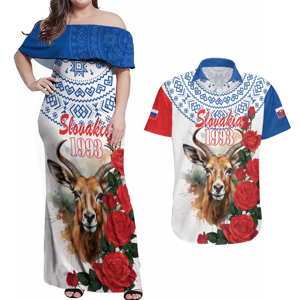 Slovakia Restoration Day 1993 Couples Matching Off Shoulder Maxi Dress and Hawaiian Shirt Tatra Chamois With Red Rose - Wonder Print Shop