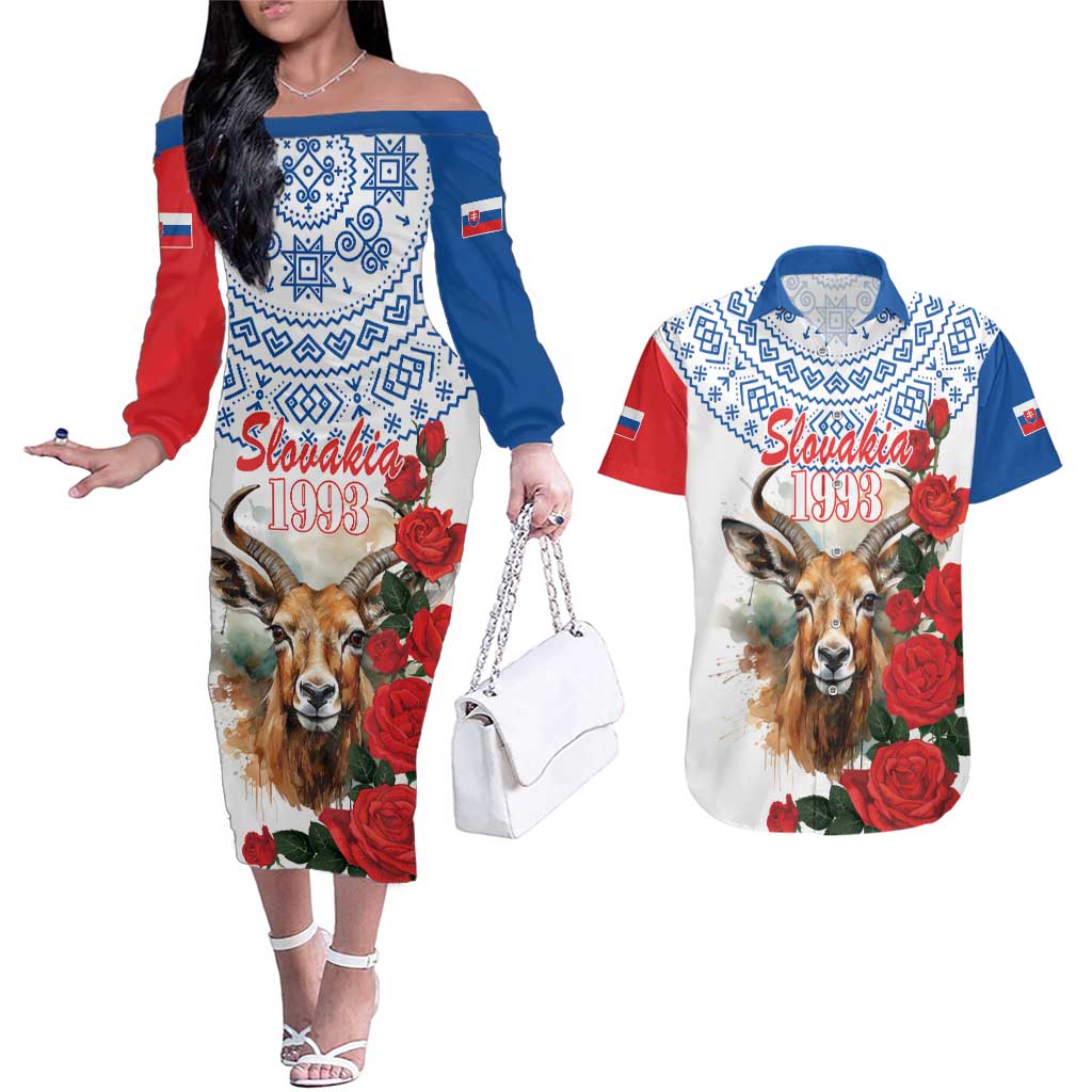 Slovakia Restoration Day 1993 Couples Matching Off The Shoulder Long Sleeve Dress and Hawaiian Shirt Tatra Chamois With Red Rose - Wonder Print Shop