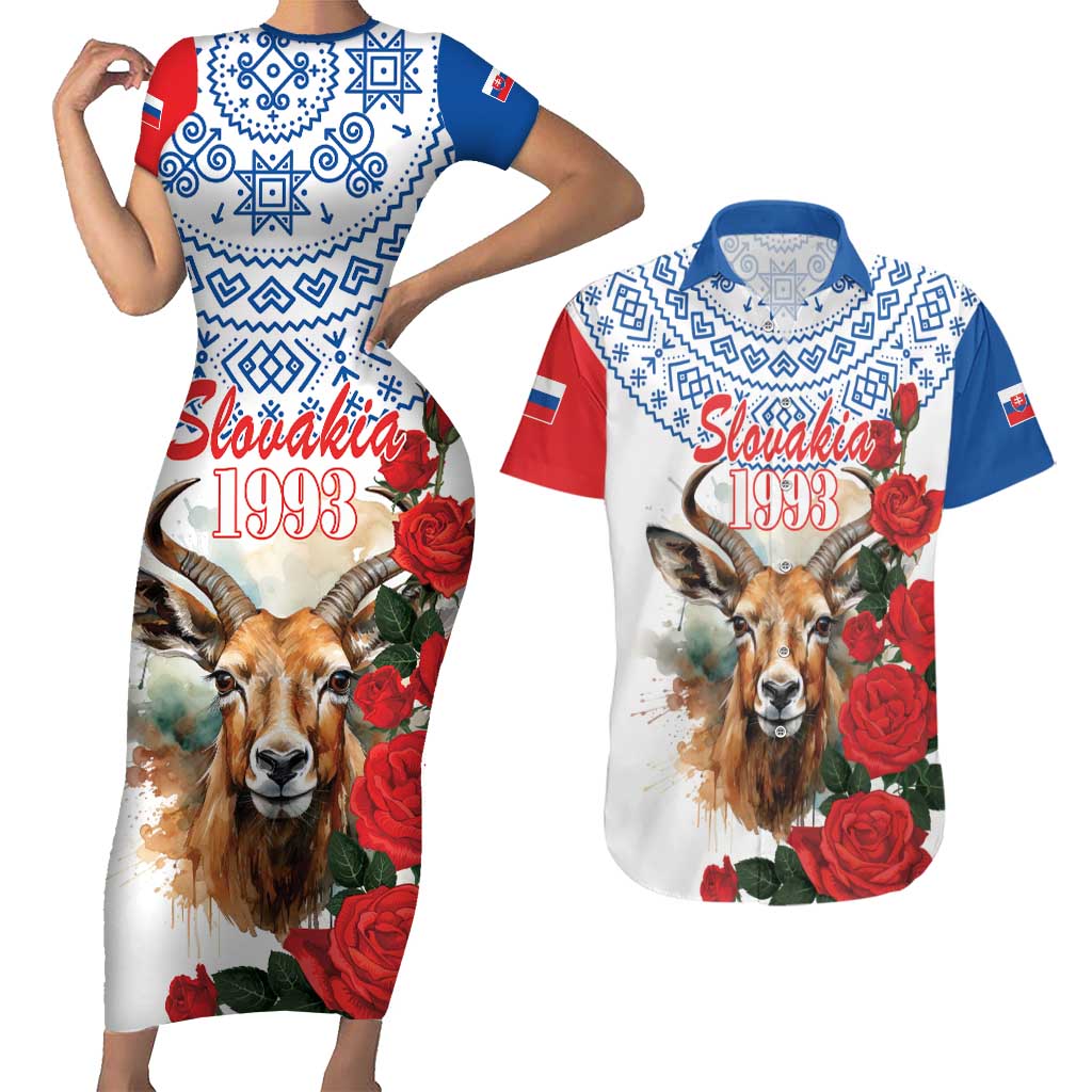 Slovakia Restoration Day 1993 Couples Matching Short Sleeve Bodycon Dress and Hawaiian Shirt Tatra Chamois With Red Rose - Wonder Print Shop