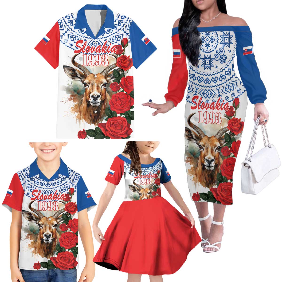 Slovakia Restoration Day 1993 Family Matching Off The Shoulder Long Sleeve Dress and Hawaiian Shirt Tatra Chamois With Red Rose - Wonder Print Shop