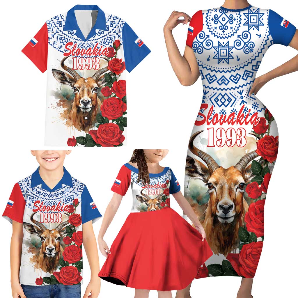 Slovakia Restoration Day 1993 Family Matching Short Sleeve Bodycon Dress and Hawaiian Shirt Tatra Chamois With Red Rose - Wonder Print Shop