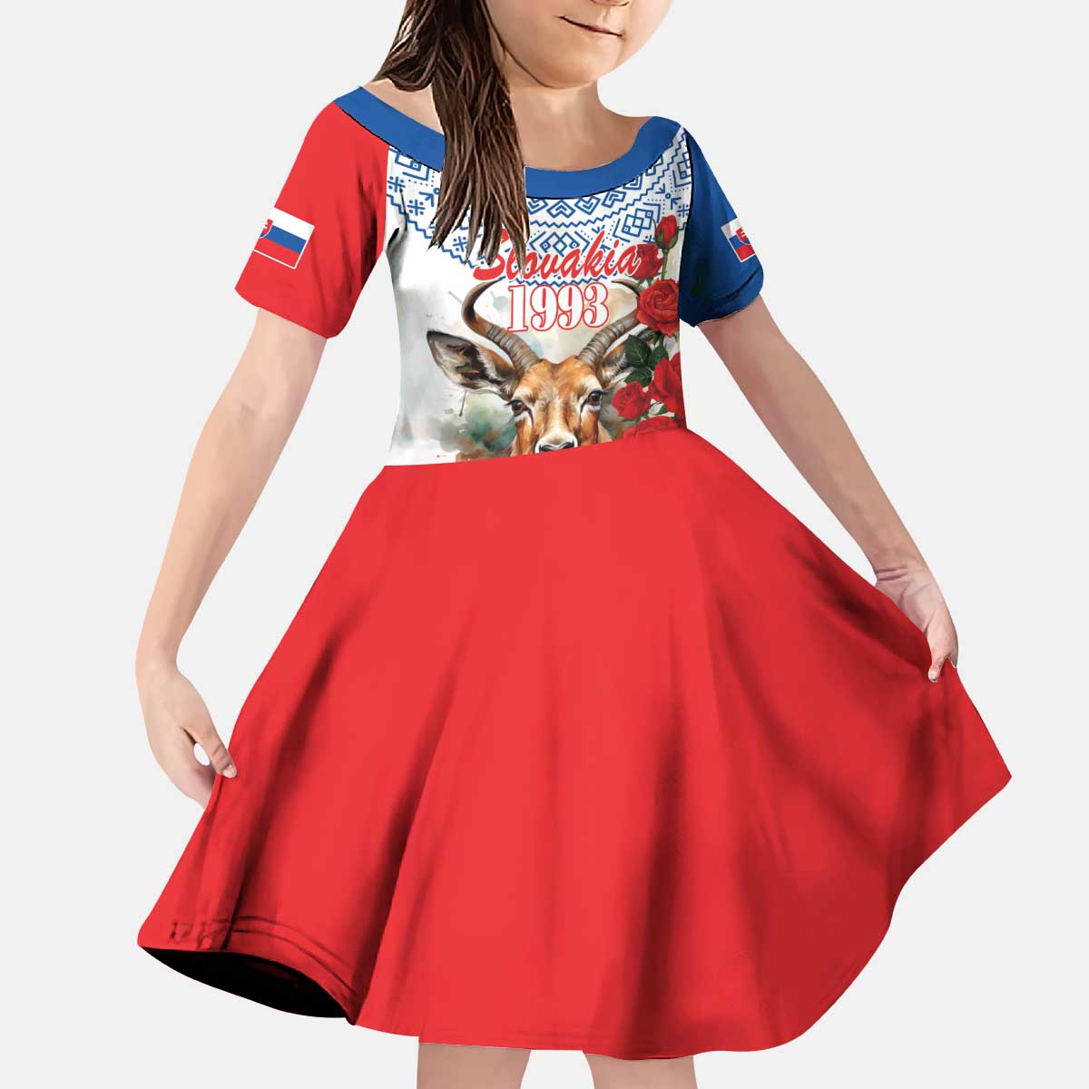 Slovakia Restoration Day 1993 Kid Short Sleeve Dress Tatra Chamois With Red Rose - Wonder Print Shop