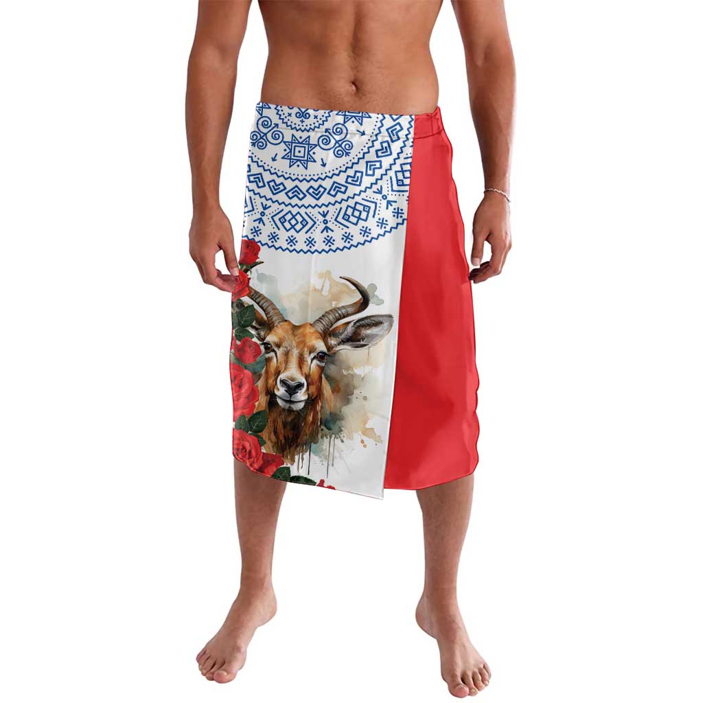 Lavalava sarong skirt with animal print front panel, blue-white pattern band and red side
