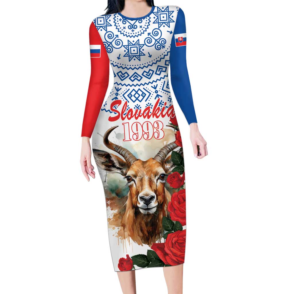 Slovakia Restoration Day 1993 Long Sleeve Bodycon Dress Tatra Chamois With Red Rose - Wonder Print Shop