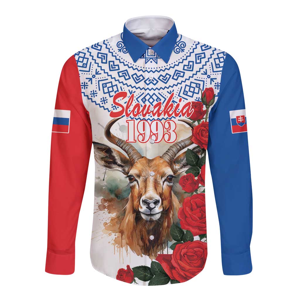 Unisex long sleeve button shirt with blue collar, deer and roses, 'Slovakia 1993' print
