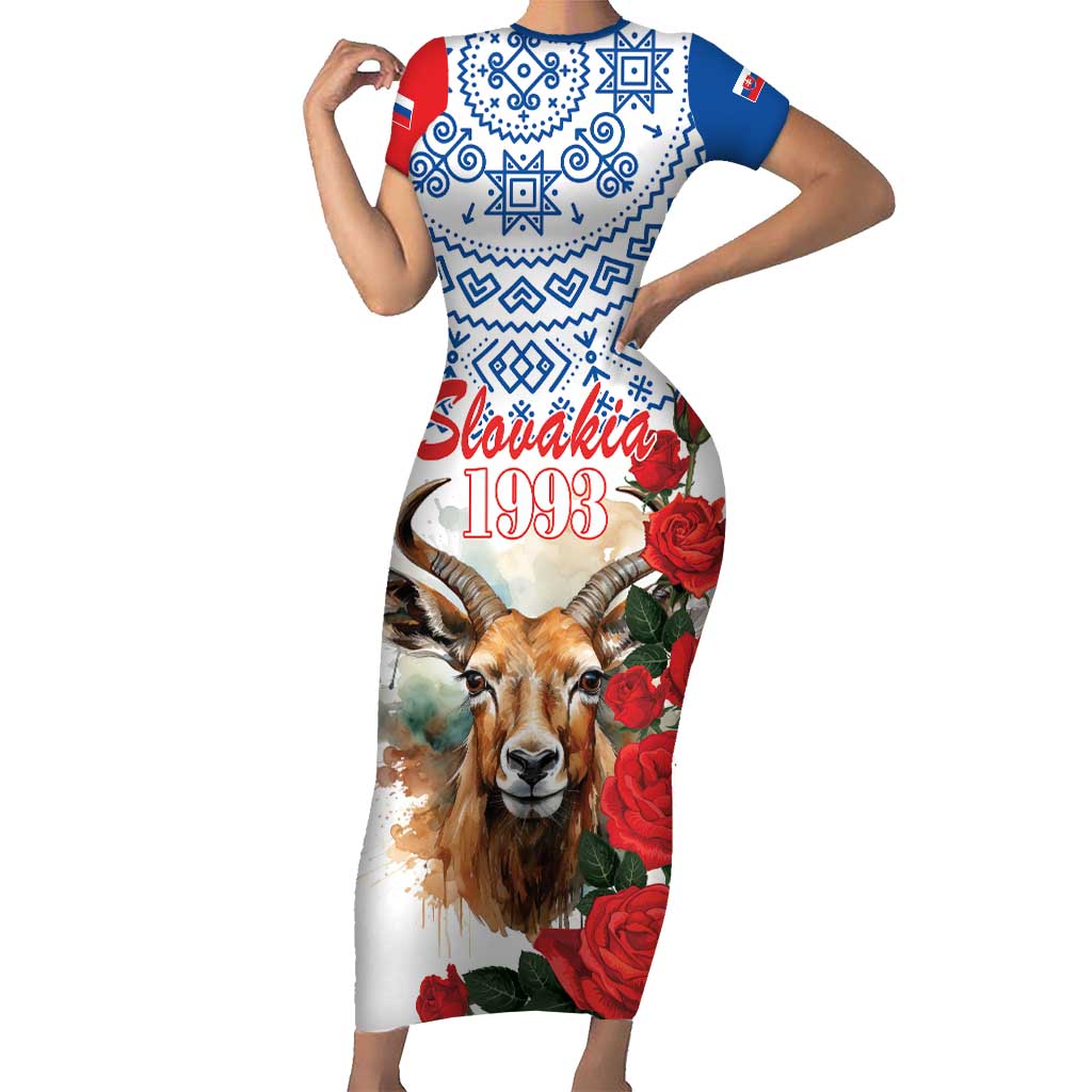 Slovakia Restoration Day 1993 Short Sleeve Bodycon Dress Tatra Chamois With Red Rose - Wonder Print Shop