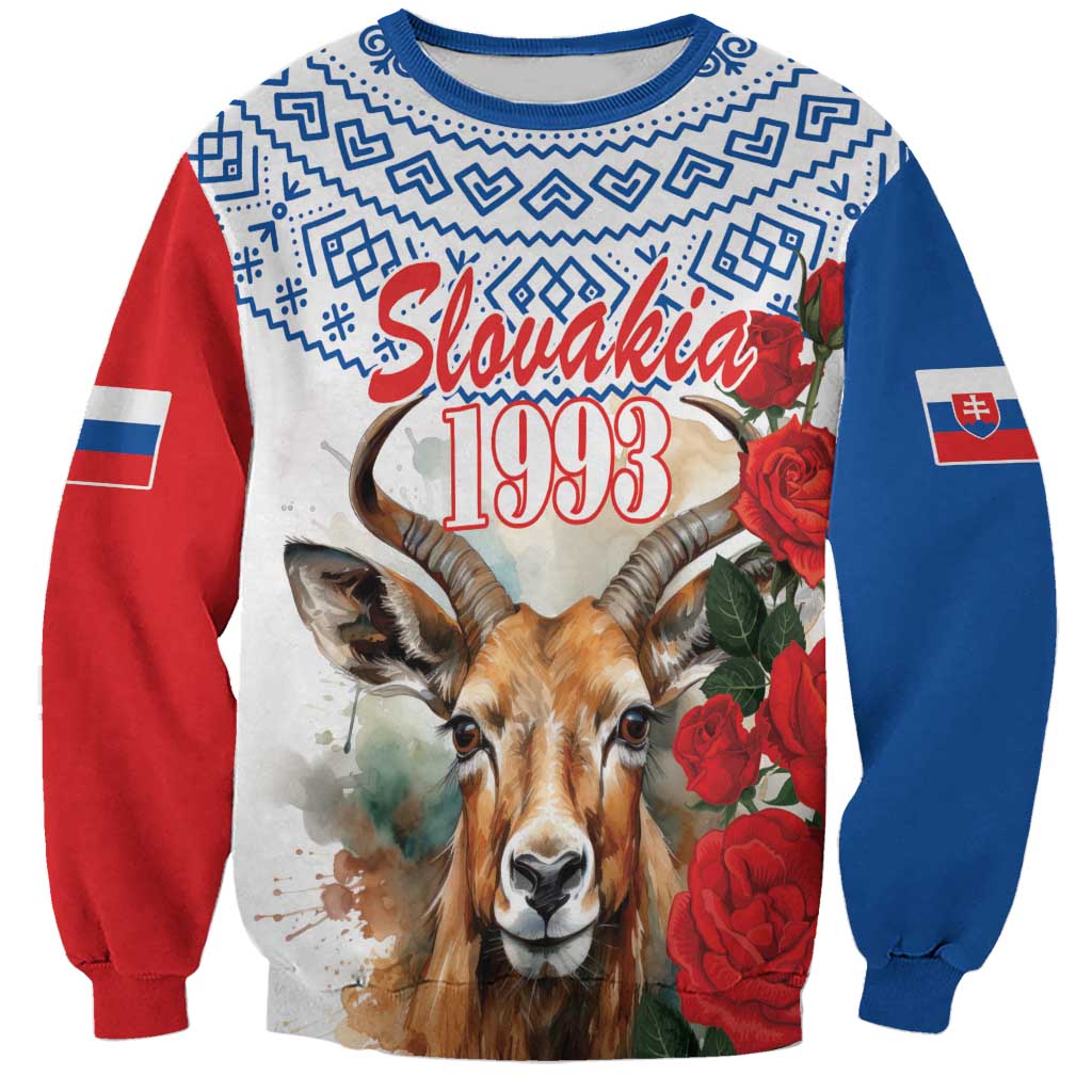 Unisex white sweatshirt with deer and red rose graphic, Slovak flag sleeves