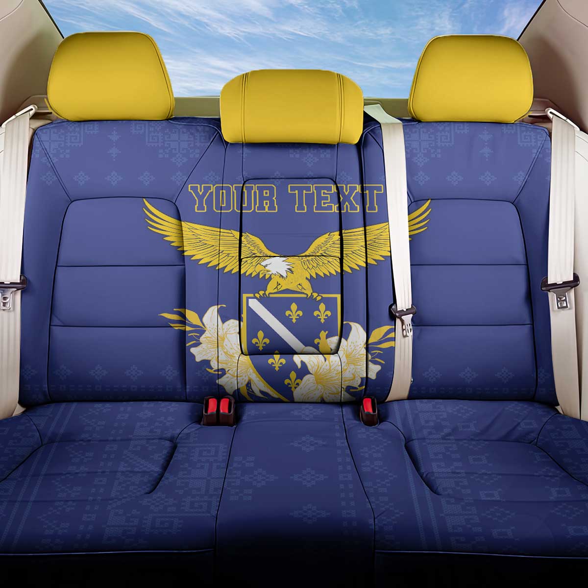 Personalized Bosnia and Herzegovina Independence Day Back Car Seat Cover Golden Eagle With Lilium Bosniacum