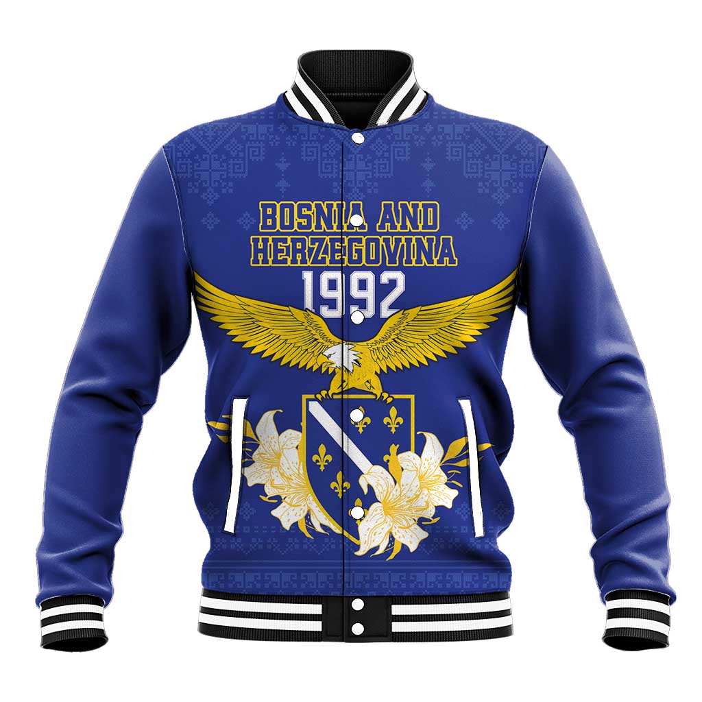 Blue baseball jacket with black-and-white striped collar, gold eagle crest and 1992