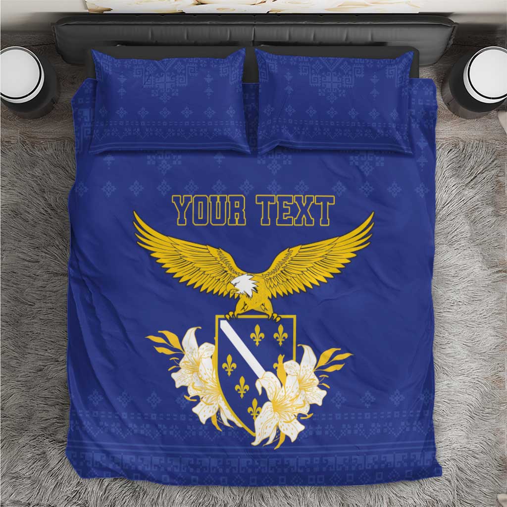Blue bedding set with gold eagle crest and “YOUR TEXT” graphic on duvet and pillowcases