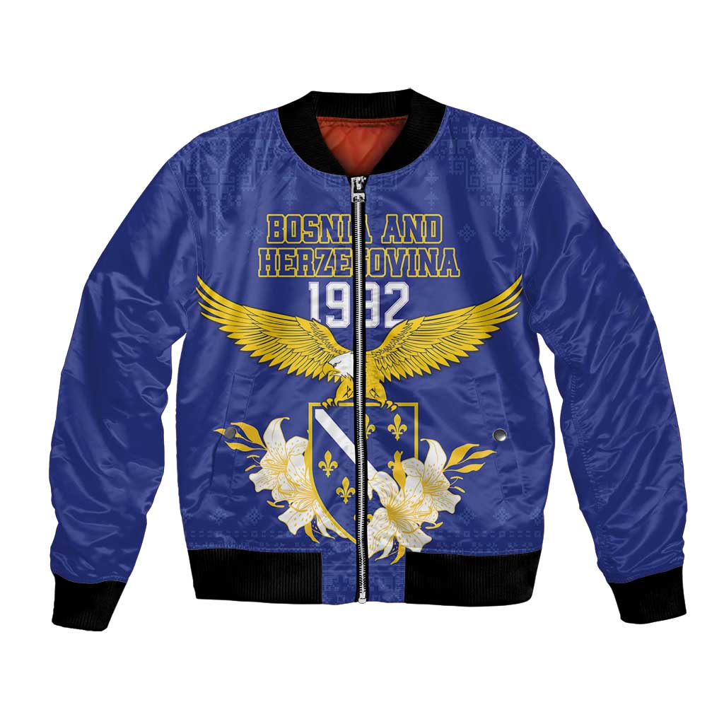 Personalized Bosnia and Herzegovina Independence Day Bomber Jacket Golden Eagle With Lilium Bosniacum