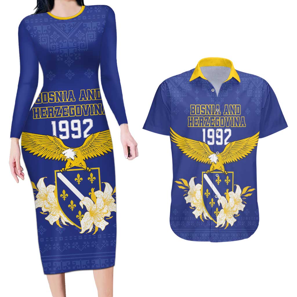 Personalized Bosnia and Herzegovina Independence Day Couples Matching Long Sleeve Bodycon Dress and Hawaiian Shirt Golden Eagle With Lilium Bosniacum