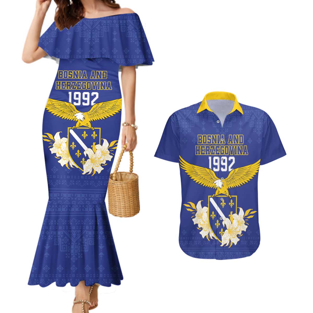 Personalized Bosnia and Herzegovina Independence Day Couples Matching Mermaid Dress and Hawaiian Shirt Golden Eagle With Lilium Bosniacum