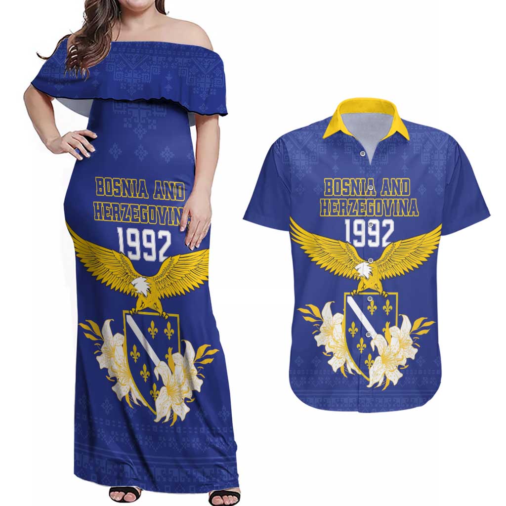 Personalized Bosnia and Herzegovina Independence Day Couples Matching Off Shoulder Maxi Dress and Hawaiian Shirt Golden Eagle With Lilium Bosniacum