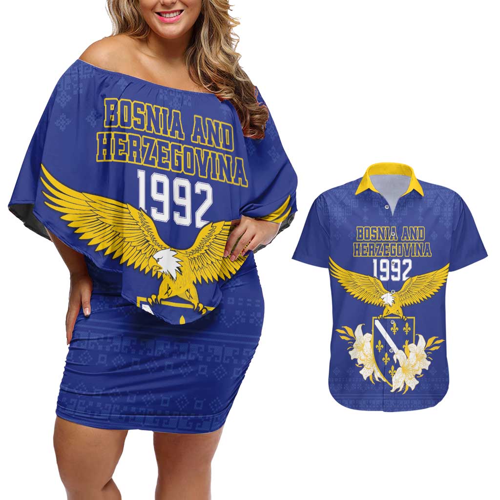 Personalized Bosnia and Herzegovina Independence Day Couples Matching Off Shoulder Short Dress and Hawaiian Shirt Golden Eagle With Lilium Bosniacum