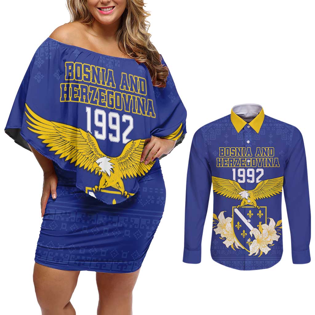 Personalized Bosnia and Herzegovina Independence Day Couples Matching Off Shoulder Short Dress and Long Sleeve Button Shirt Golden Eagle With Lilium Bosniacum