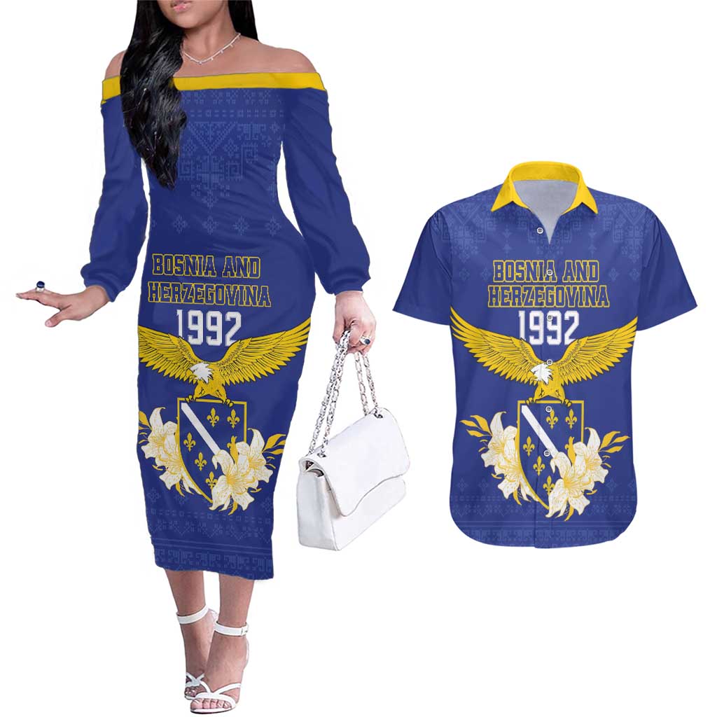 Personalized Bosnia and Herzegovina Independence Day Couples Matching Off The Shoulder Long Sleeve Dress and Hawaiian Shirt Golden Eagle With Lilium Bosniacum