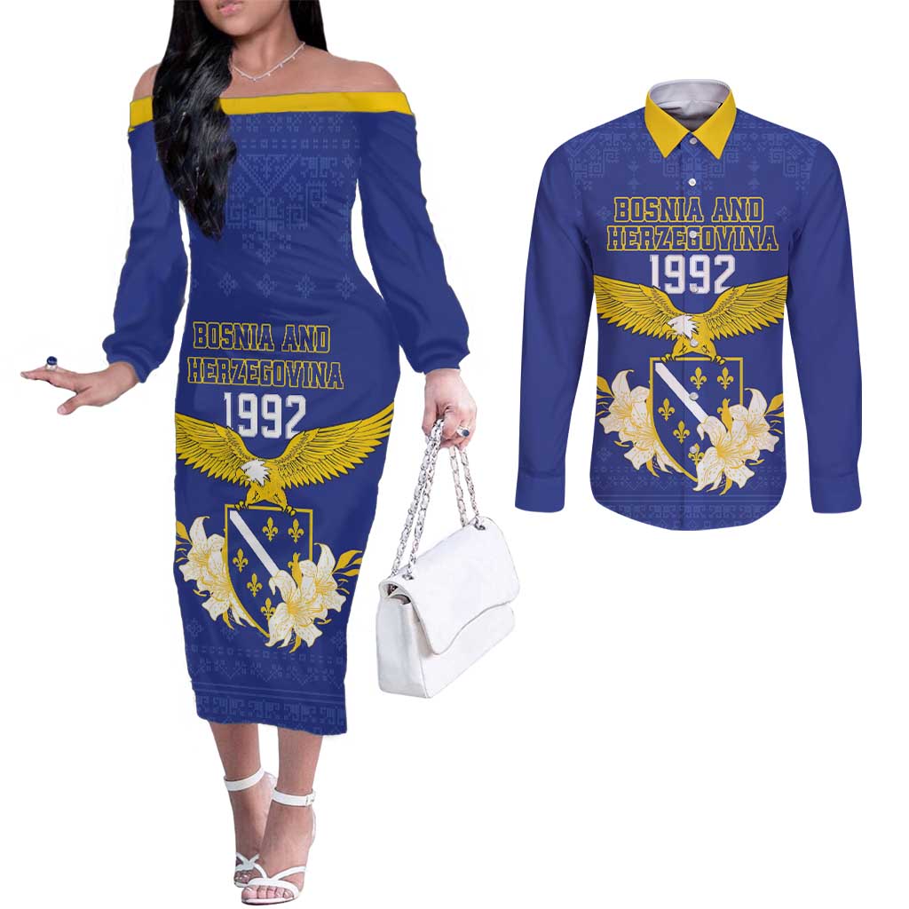 Personalized Bosnia and Herzegovina Independence Day Couples Matching Off The Shoulder Long Sleeve Dress and Long Sleeve Button Shirt Golden Eagle With Lilium Bosniacum