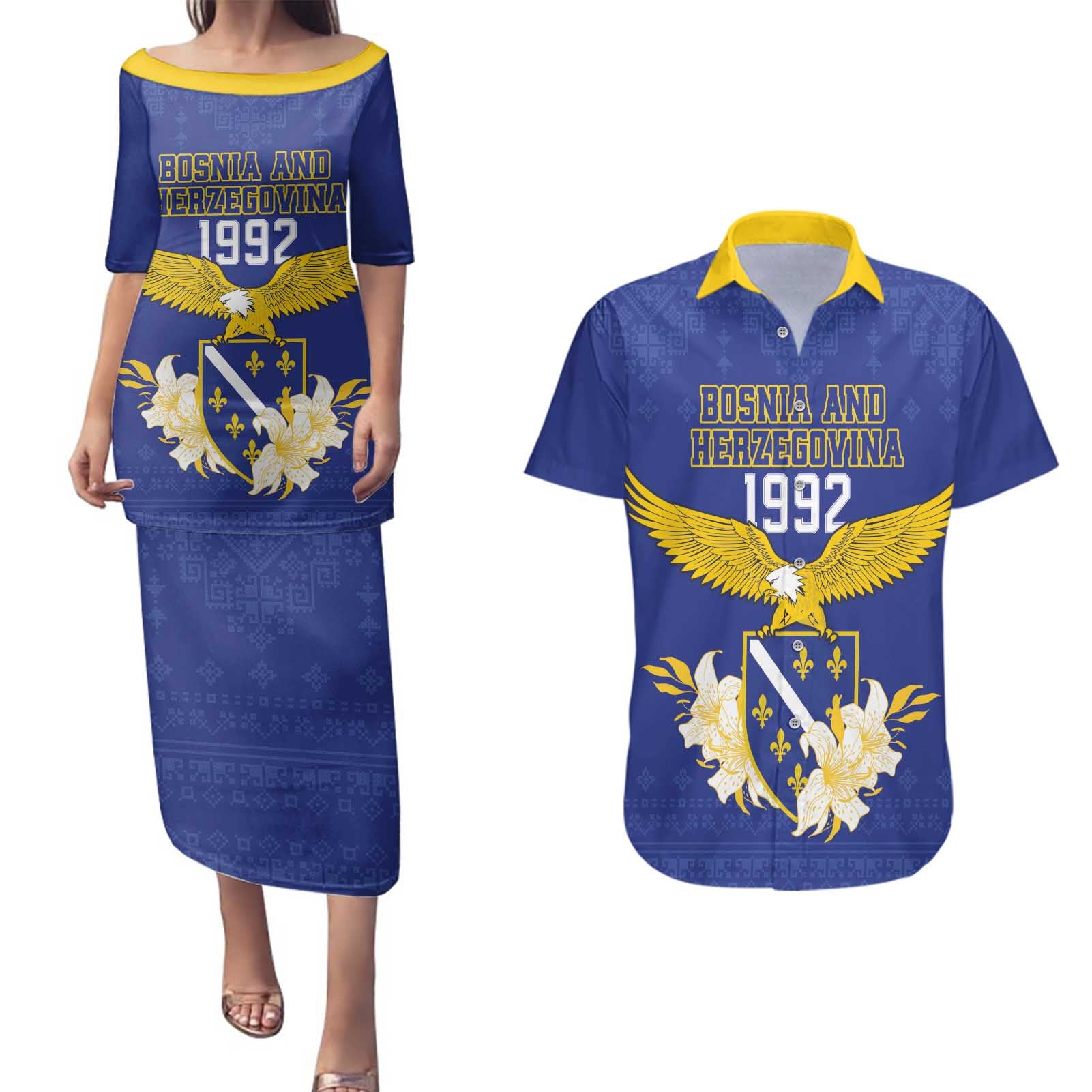 Personalized Bosnia and Herzegovina Independence Day Couples Matching Puletasi and Hawaiian Shirt Golden Eagle With Lilium Bosniacum