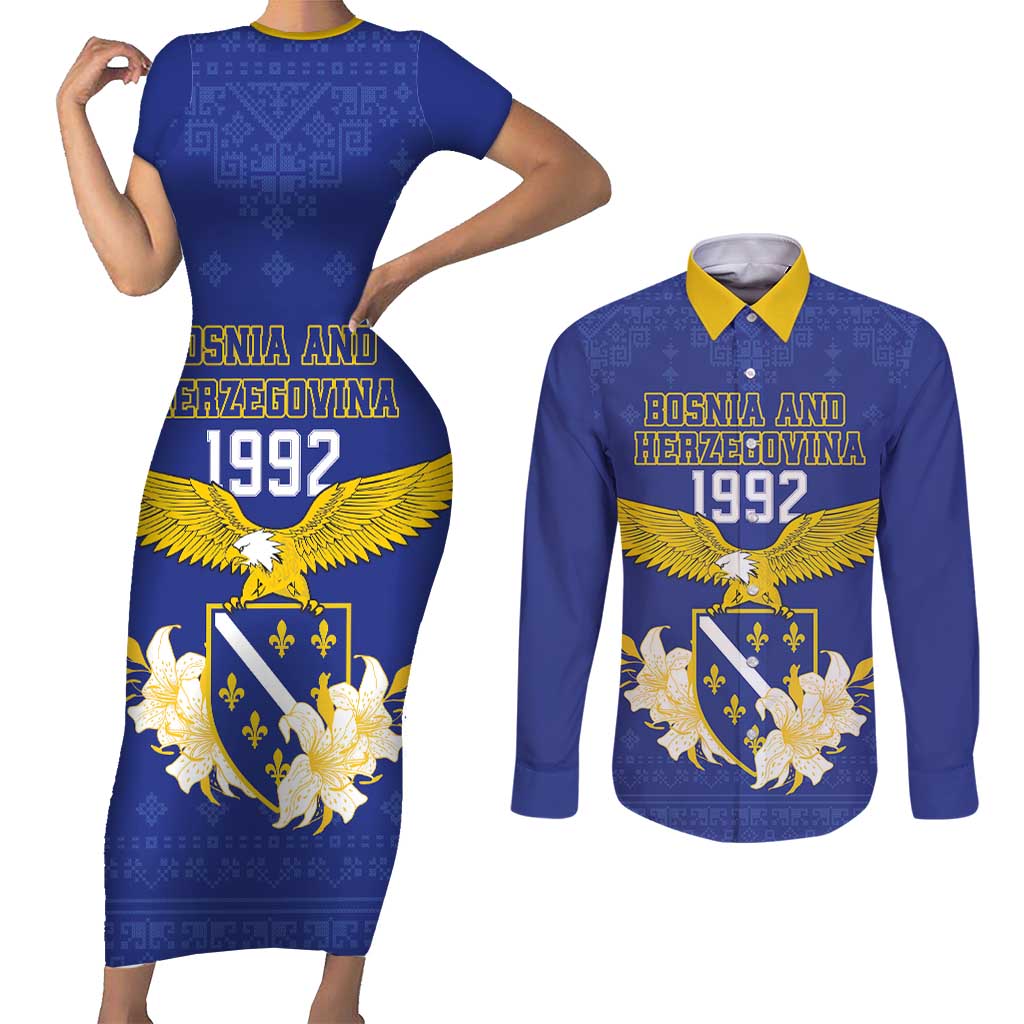 Personalized Bosnia and Herzegovina Independence Day Couples Matching Short Sleeve Bodycon Dress and Long Sleeve Button Shirt Golden Eagle With Lilium Bosniacum