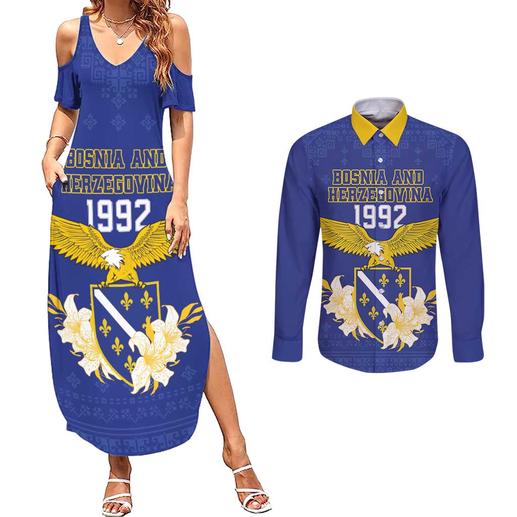 Personalized Bosnia and Herzegovina Independence Day Couples Matching Summer Maxi Dress and Long Sleeve Button Shirt Golden Eagle With Lilium Bosniacum