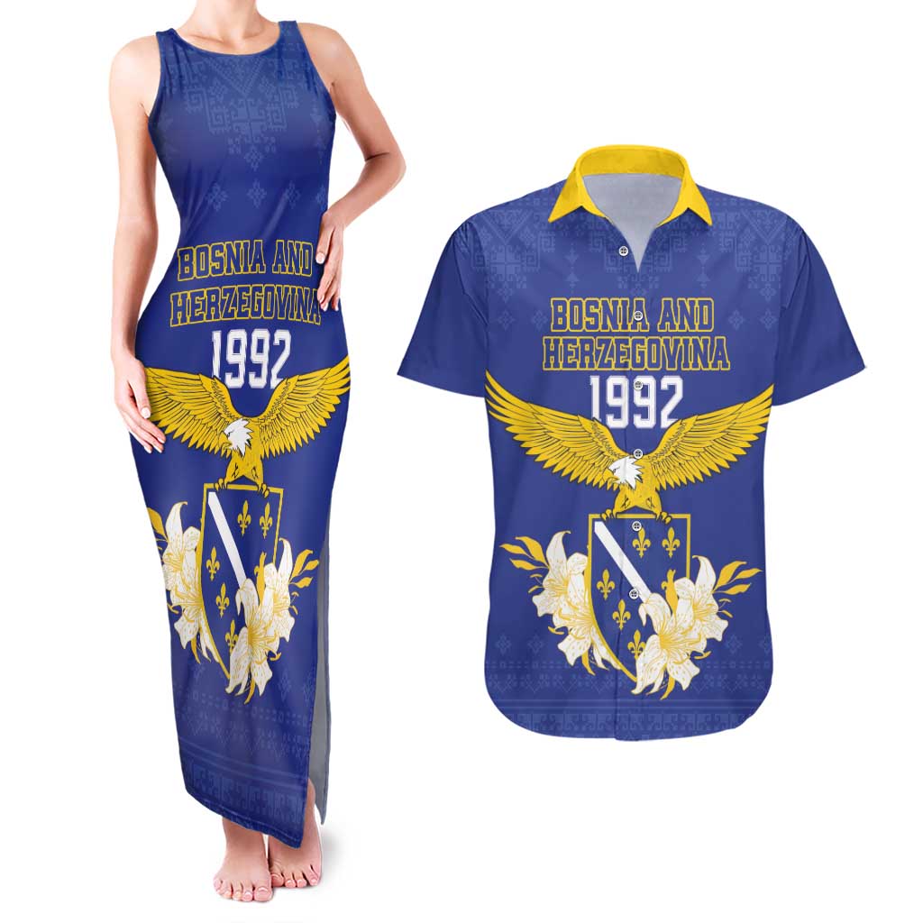 Personalized Bosnia and Herzegovina Independence Day Couples Matching Tank Maxi Dress and Hawaiian Shirt Golden Eagle With Lilium Bosniacum