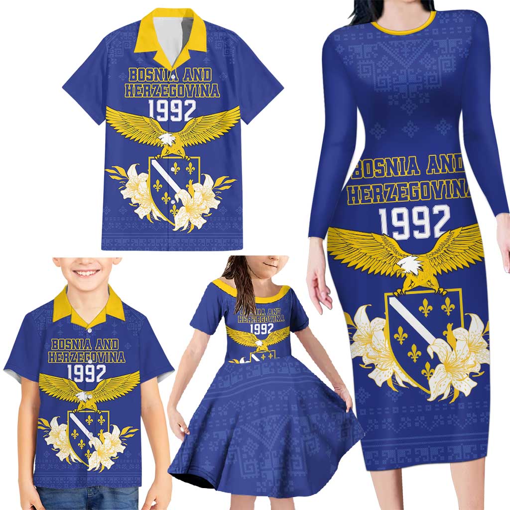 Personalized Bosnia and Herzegovina Independence Day Family Matching Long Sleeve Bodycon Dress and Hawaiian Shirt Golden Eagle With Lilium Bosniacum