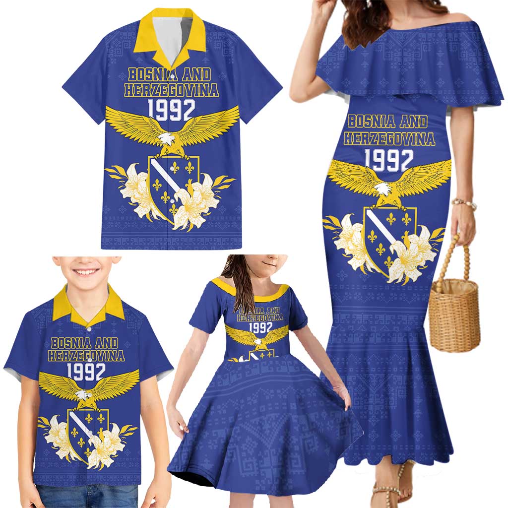 Personalized Bosnia and Herzegovina Independence Day Family Matching Mermaid Dress and Hawaiian Shirt Golden Eagle With Lilium Bosniacum