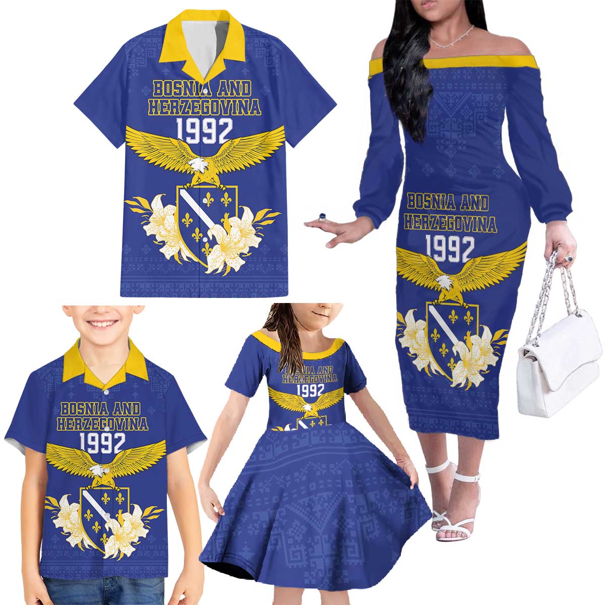 Personalized Bosnia and Herzegovina Independence Day Family Matching Off The Shoulder Long Sleeve Dress and Hawaiian Shirt Golden Eagle With Lilium Bosniacum