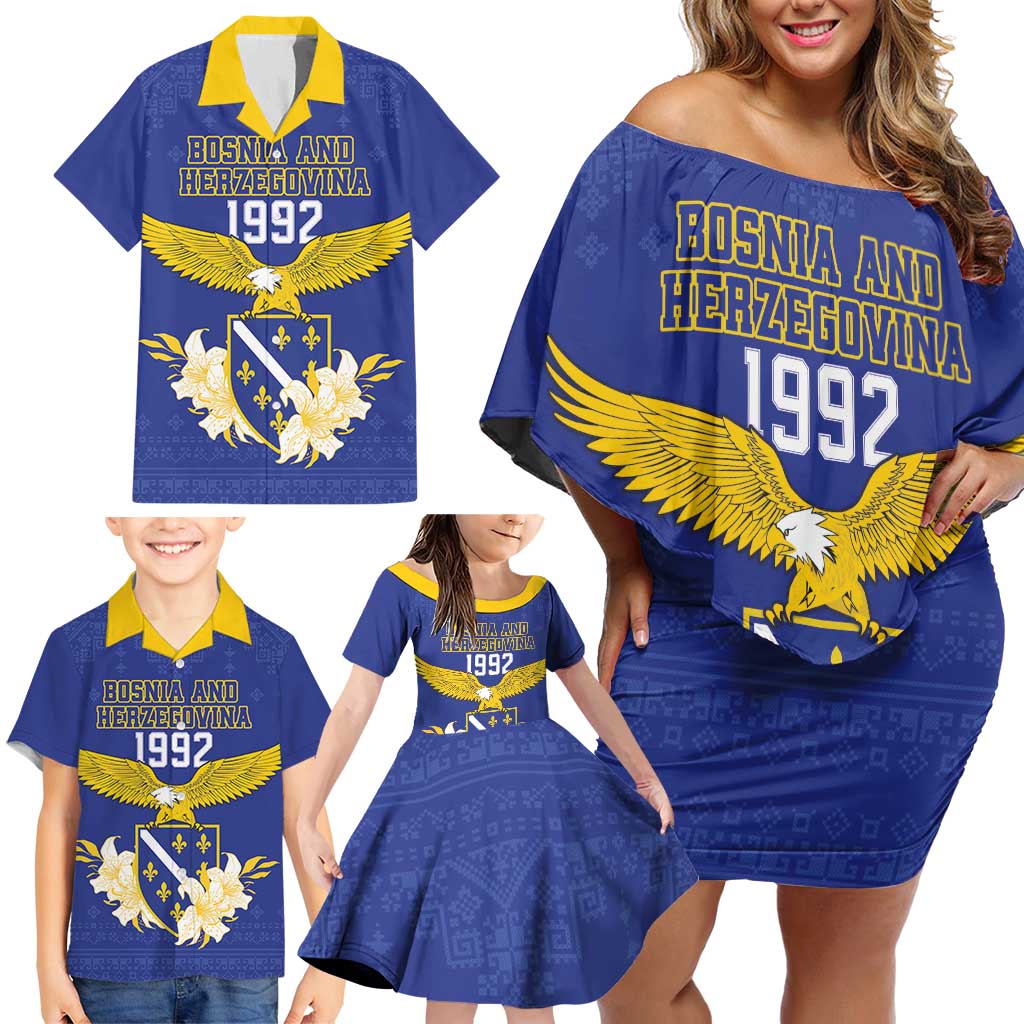 Personalized Bosnia and Herzegovina Independence Day Family Matching Off Shoulder Short Dress and Hawaiian Shirt Golden Eagle With Lilium Bosniacum