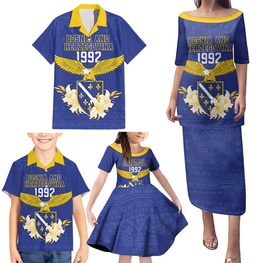 Personalized Bosnia and Herzegovina Independence Day Family Matching Puletasi and Hawaiian Shirt Golden Eagle With Lilium Bosniacum