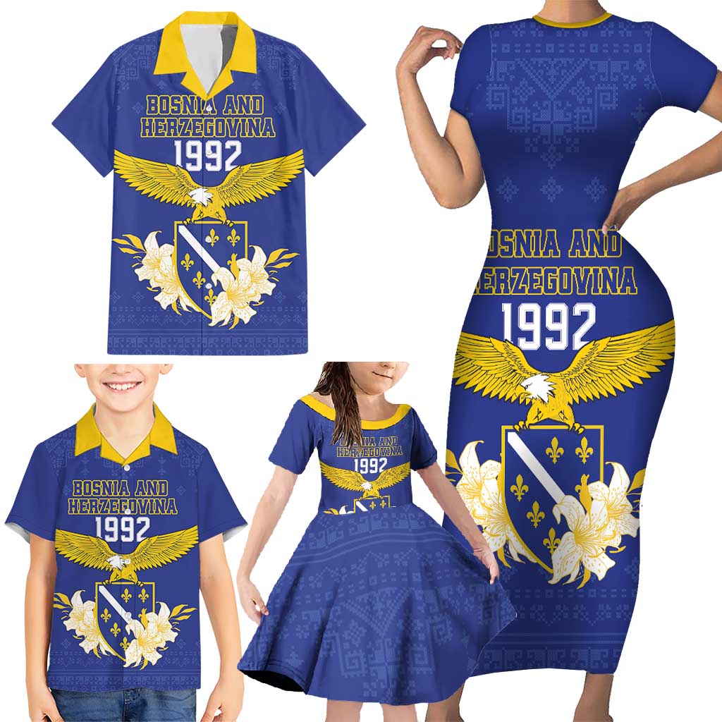 Personalized Bosnia and Herzegovina Independence Day Family Matching Short Sleeve Bodycon Dress and Hawaiian Shirt Golden Eagle With Lilium Bosniacum