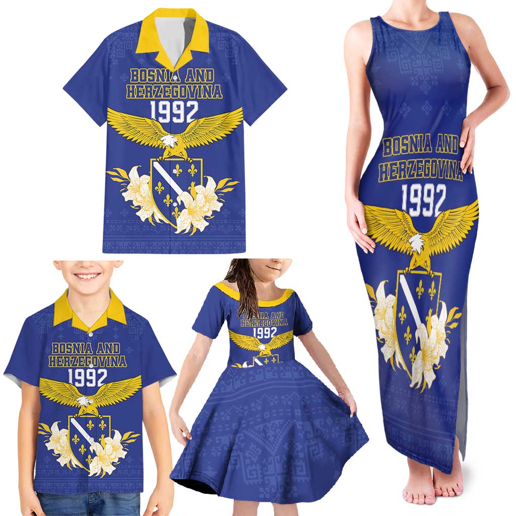 Personalized Bosnia and Herzegovina Independence Day Family Matching Tank Maxi Dress and Hawaiian Shirt Golden Eagle With Lilium Bosniacum