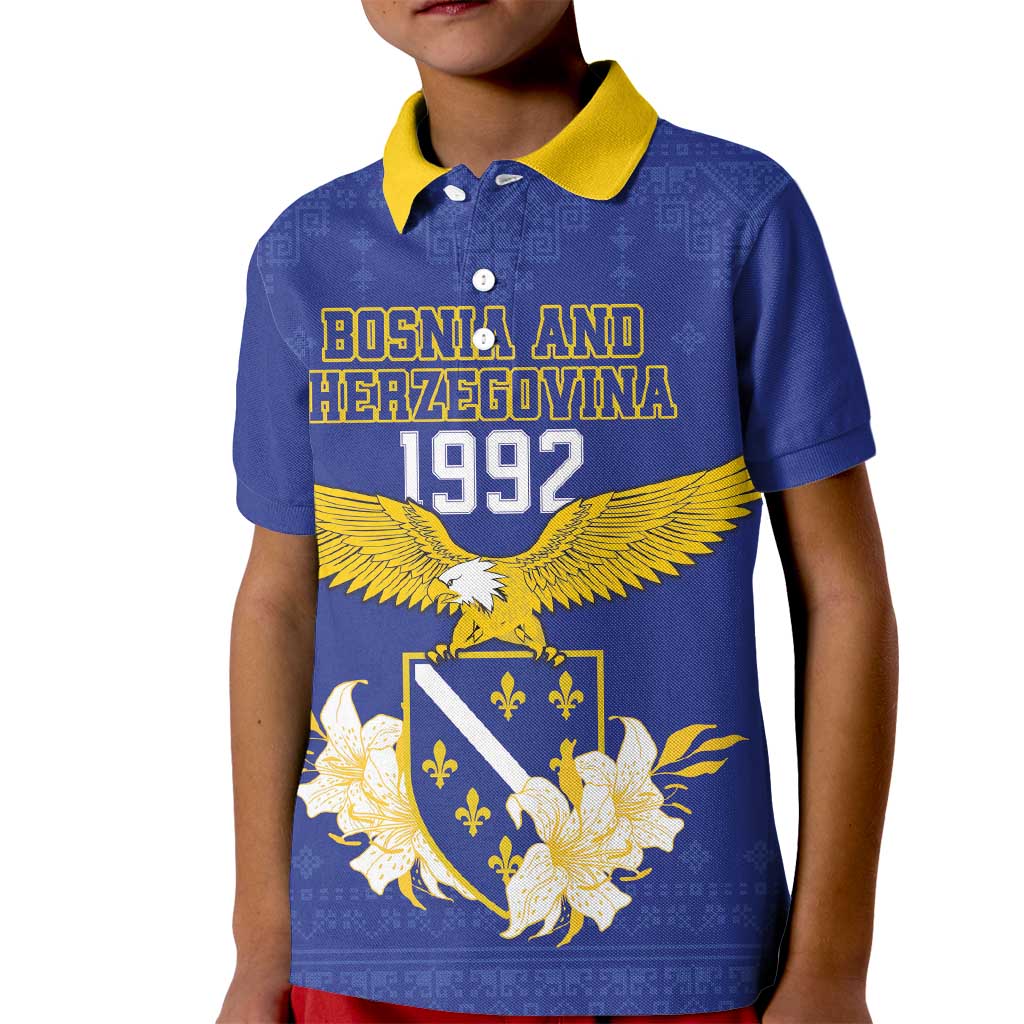 Personalized Bosnia and Herzegovina Independence Day Kid Polo Shirt Golden Eagle With Lilium Bosniacum