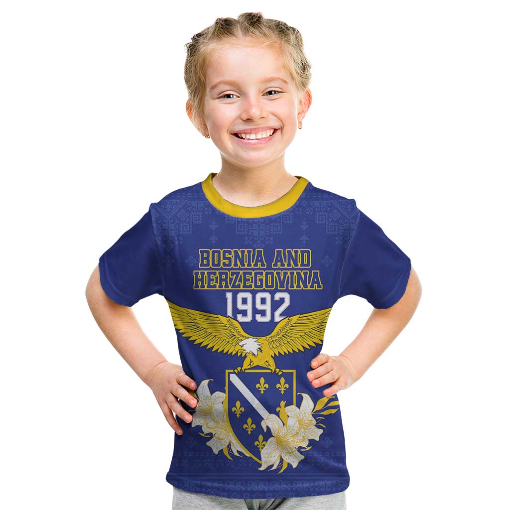 Personalized Bosnia and Herzegovina Independence Day Kid T Shirt Golden Eagle With Lilium Bosniacum