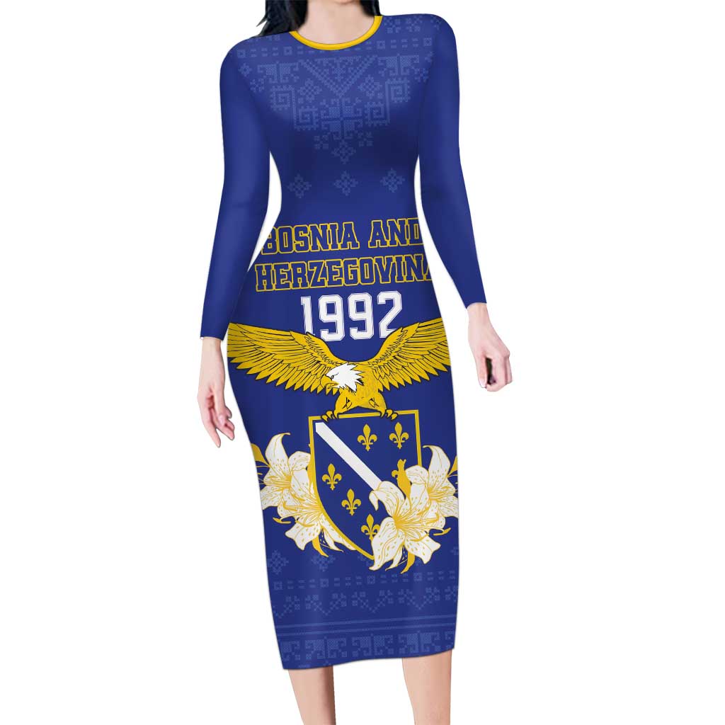 Personalized Bosnia and Herzegovina Independence Day Long Sleeve Bodycon Dress Golden Eagle With Lilium Bosniacum