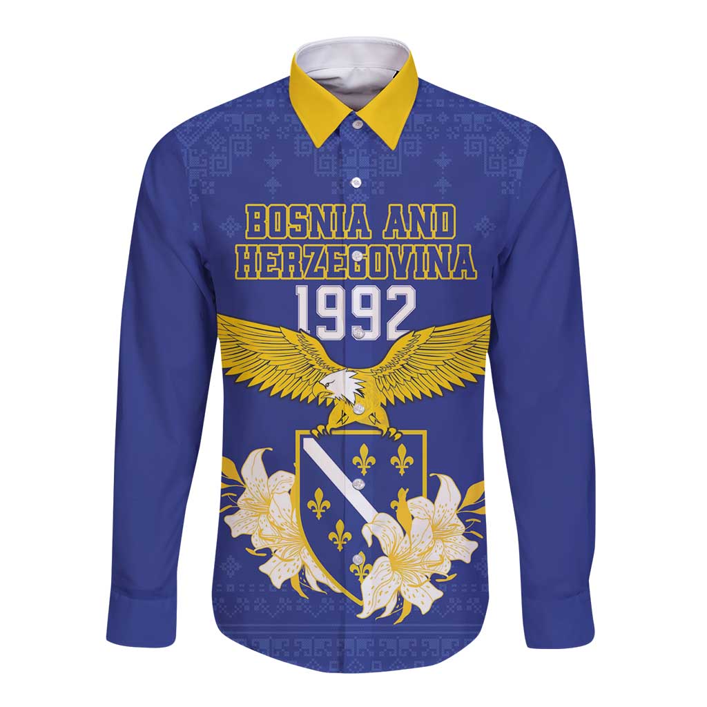 Blue long-sleeve button shirt with yellow collar, Bosnia text and 1992 eagle graphic