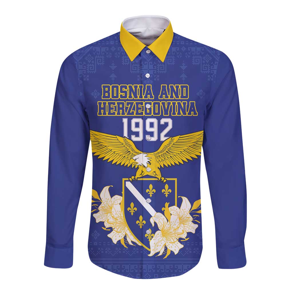 Personalized Bosnia and Herzegovina Independence Day Long Sleeve Button Shirt Golden Eagle With Lilium Bosniacum