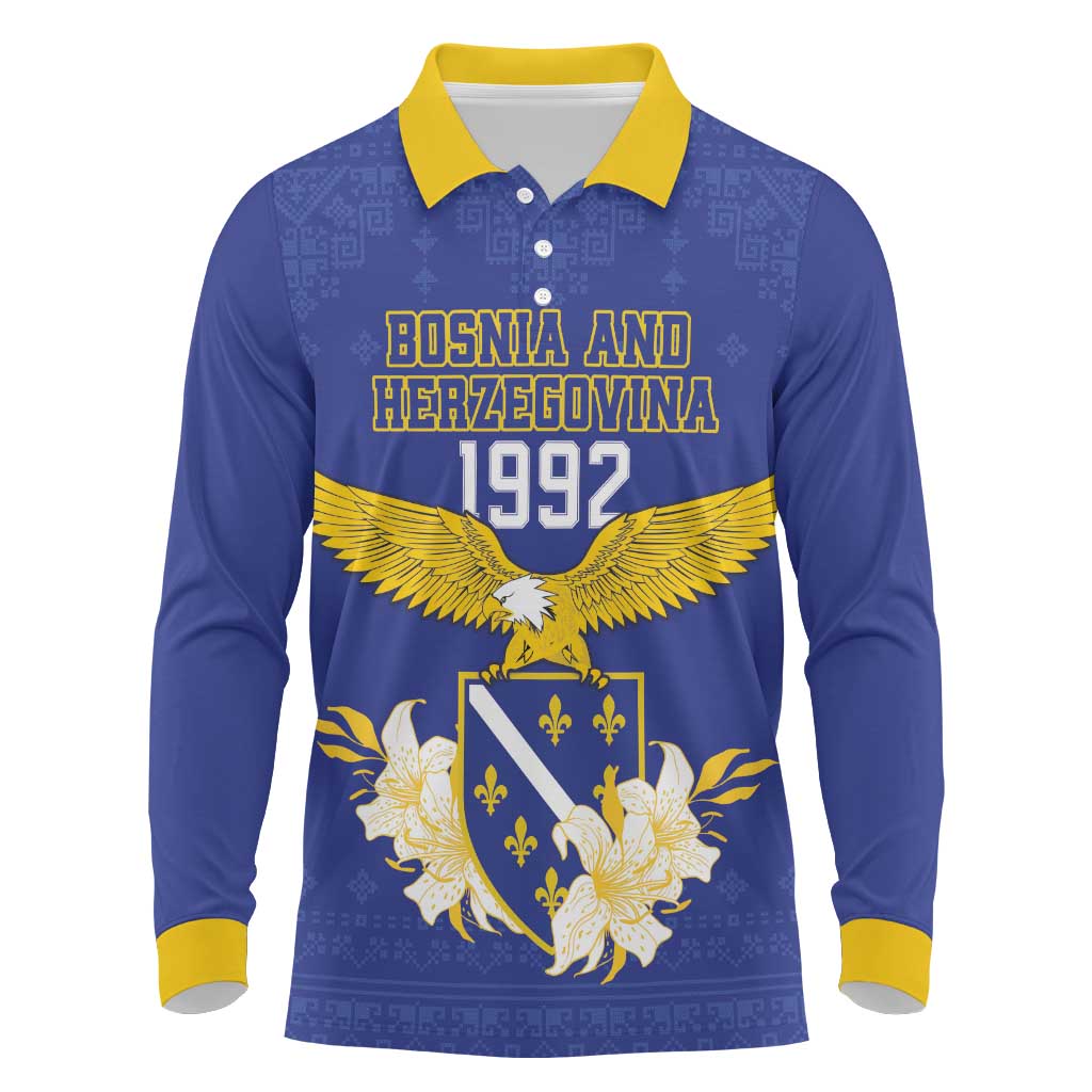 Personalized Bosnia and Herzegovina Independence Day Long Sleeve Polo Shirt Golden Eagle With Lilium Bosniacum - Wonder Print Shop