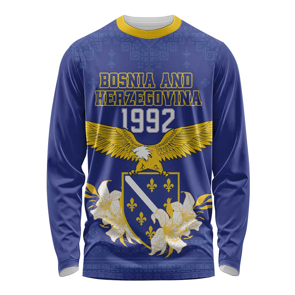 Personalized Bosnia and Herzegovina Independence Day Long Sleeve Shirt Golden Eagle With Lilium Bosniacum - Wonder Print Shop