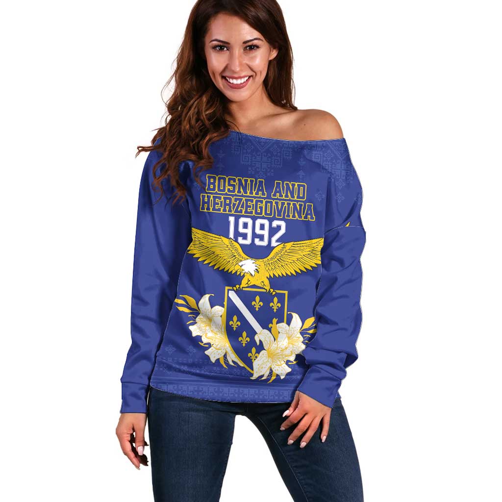 Personalized Bosnia and Herzegovina Independence Day Off Shoulder Sweater Golden Eagle With Lilium Bosniacum - Wonder Print Shop