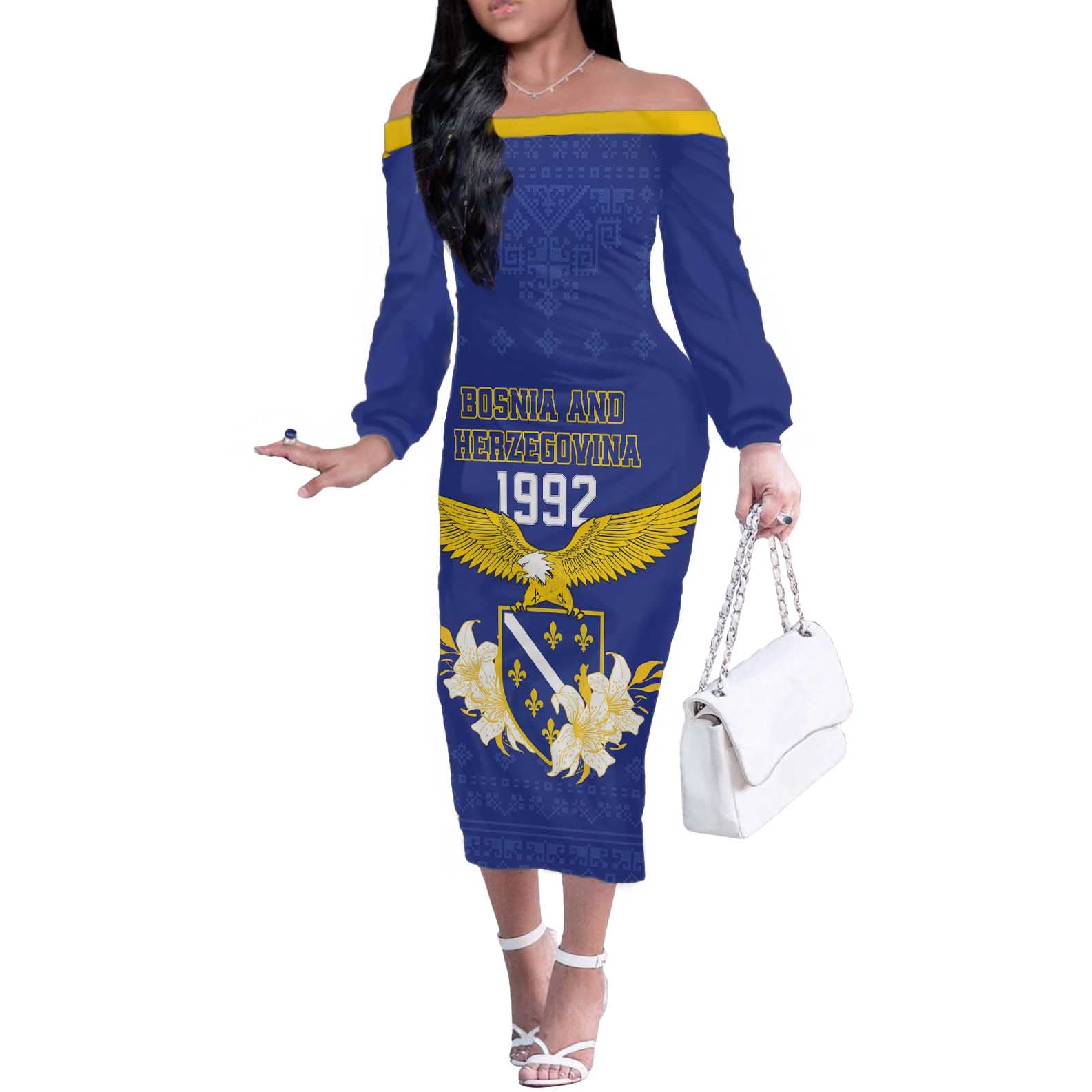 Personalized Bosnia and Herzegovina Independence Day Off The Shoulder Long Sleeve Dress Golden Eagle With Lilium Bosniacum - Wonder Print Shop