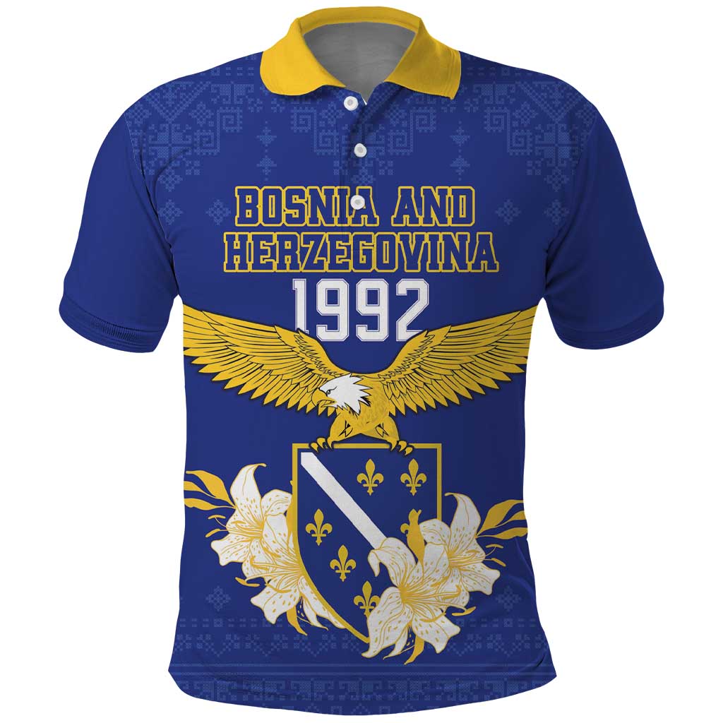 Personalized Bosnia and Herzegovina Independence Day Polo Shirt Golden Eagle With Lilium Bosniacum - Wonder Print Shop