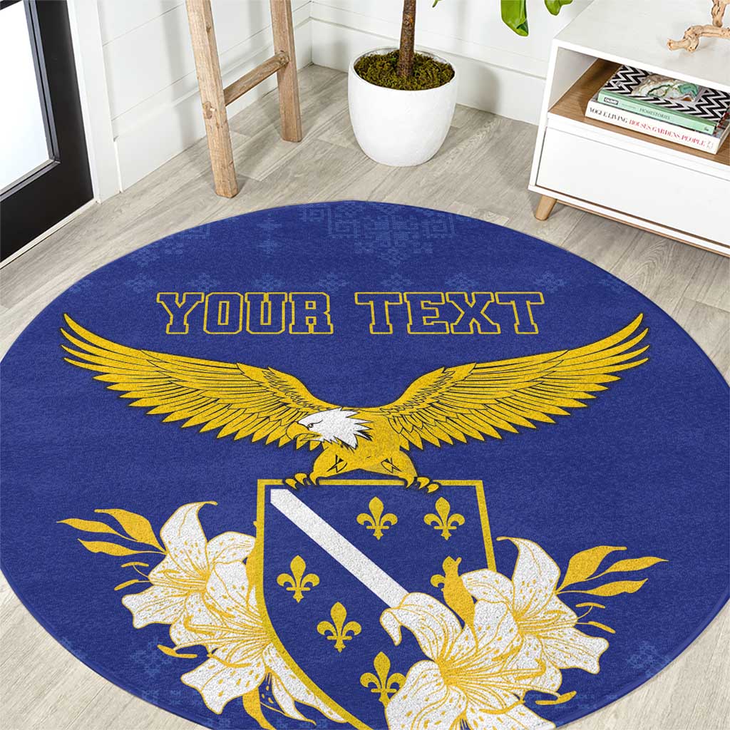 Blue round carpet with gold eagle and fleur-de-lis crest, “YOUR TEXT” text